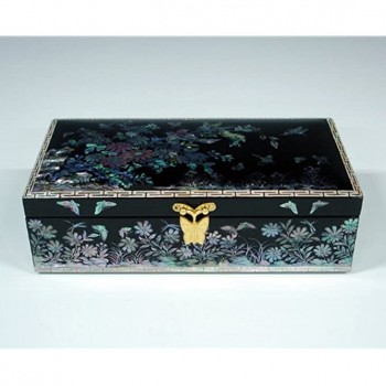 Mother of Pearl Flower and Bird Design Lacquered Black Wooden Asian Handcrafted Mirrored Jewelry Trinket Keepsake Treasure Box Case Chest Organizer - BDV9PYFLO