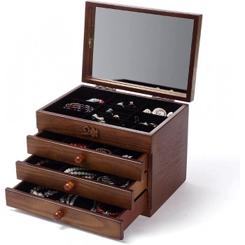 Changsuo Wooden Jewelry Box for Women with Mirror Drawers Jewelry Storage Organizer Large Darker Brown - B7DLREB7R