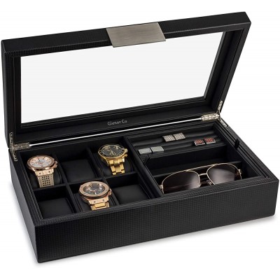 Glenor Co Valet Jewelry Box for Men Holds 6 Watches 12 cufflinks 2 Sunglasses & Tray Storage Mens Watch Case CarbonFiber Organizer w Metal Accents PU Leather & Large Glass Lid Black - BSHLJCRB4