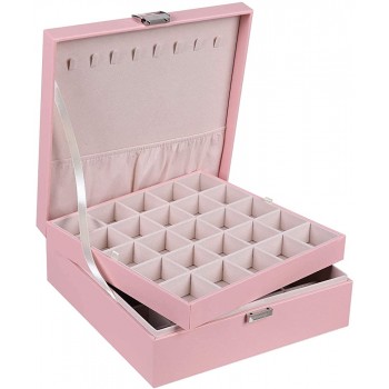 homing 50 Slots Earring Organizer Box with 8 Necklace Hooks Birthday and Valentine's Day Gift Classic 2 Trays Faux Leather Women Jewelry Storage Case for Rings Bracelet Pink - BGLM3QT16
