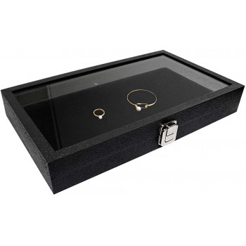 Ikee Design Leatherette Wooden Jewelry Display Case with Glass Top and Black Velvet Pad Home Organization Storage Box Wooden Jewelry Tray for Collectibles 14.75"W x 8.25"D x 2.13''H - BBZCF5YY3