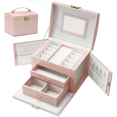 Jewelry Box Jewelry Organizer Box Display Storage Case Holder with Two Layers Lock Mirror Women Girls Leather Jewelry Box for Earrings Rings Necklaces Bracelets Earrings Gift Pink - BOANU13P3