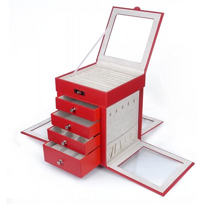 Kendal Jewelry Box for Women 5 Layer Leather Jewelry Box with Rotating Design Jewelry Organizer Case for Necklace Ring Jewelry Red - B298LRYDB