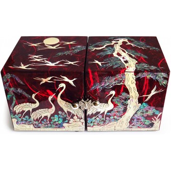 MADDesign Mother of Pearl Twin Cubes Lacquered Jewelry Box Crane Pine Tree Red - BIFDEKNBK