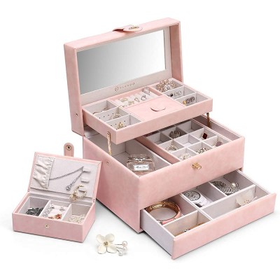 Vlando Jewelry Box Organizer with Small Travel Jewelry Box 3-Layer Necklaces Earrings Rings Storage Holder Case One-Button Opening Gift Packing Pink - B8L2E7YCL