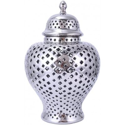 ARTLINE Traditional Pierced Ginger Jar with Lid Carved Lattice Decorative Temple Jar Cut Out Ceramic Vases for Home Decor Small Silver - BDHS9LFJN