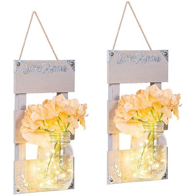 Decorative Mason Jar Sconces Wall Decor-Rustic Gray Wall Sconces- Handmade Wall Art Hanging Design with LED Fairy Lights and Flowers 6-Hour Timer,for Home & Kitchen Decorations,Set of 2 M - BJE21DR8R