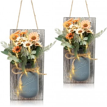 DUOER Decorative Mason Jar Hanging Wall Decor for Home Decor Rustic Wall Sconces with LED Fairy Lights and Artificial Flowers Farmhouse Wall Decor for Room Decor Living Room and Bathroom Decor,Set of 2 - BYOYDLXSO