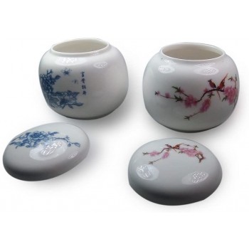 Elegant 2 Small Decorative Jars Ceramic Vintage Bottles Porcelain With Lid Flower Pattern 5 ounce Capacity each - BE5G2T0AF