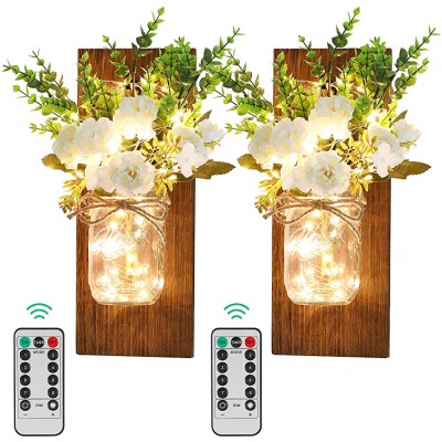 Lewondr Mason Jar Sconces Wall Decor Set of 2 Handmade Vintage Hanging Wall Sconce Decorative Fairy Lights with Flowers Remote Control Lights for Farmhouse Kitchen Living Room Peony+Brown Board - BZ59LW8O6