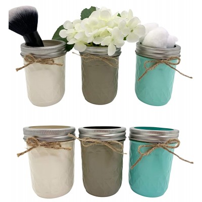 Mason Canning Hand PAINTED Mini Quilted 8oz JAR ONLY ~ Q-Tip Holder Cosmetic Beauty Brush Holder Kitchen Bathroom Decor ~ Distressed ~Gray Grey Seafoam Teal Blue Green Cream Brown Tan - BW8SSGRPM