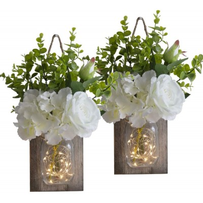 YIBELAAT Mason Jar Lights Wall Sconces,Rustic Wall Art Hanging with LED Lights and Artificial Flowers Sconce Decor Set of 2 White - B28FGAIMV