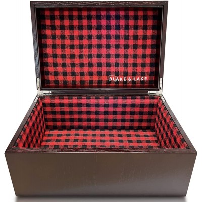 Large Oak Wooden Keepsake Box Storage Box Lined with Buffalo Plaid Wooden boxes with Hinged Lid Decorative Box for Home Jewelry Baby Hinge Box - B7M4TE8U6
