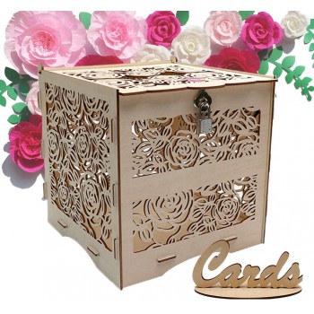 Party club DIY Wedding Card Box with Lock and Card Sign 10"x10" Rose Rustic Wood Wedding Money Boxes Birthday Anniversary Decorative Box Gift Card Holder - BAWZD1YY1
