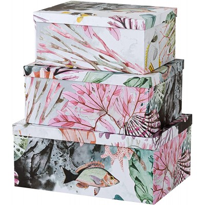 Soul & Lane Decorative Storage Cardboard Boxes with Lids for Home Décor| Ocean Treasures Set of 3 | Modern Paperboard Nesting Boxes for Arrangements - B3GW15AW9
