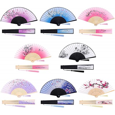 durony 8 Pieces Vintage Handheld Silk Folding Fan Bamboo Fans with Tassels for Home Wedding Party Decoration - B570ZCI2T