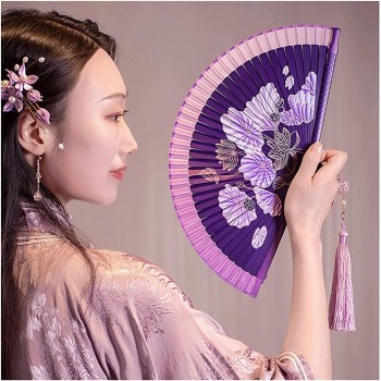 DXFWZQ Handmade Folding Fan,Chinese Retro Silk Folding Fan,Folding Hand Fan Chinese Style Printing Folding Fan,Decorative Fringe， Handheld Folding Fan Color : Purple - B8414DN0V