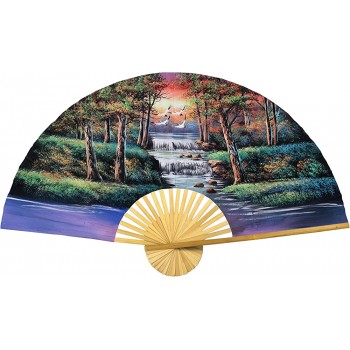 Forest Landscape Giant Folding Wall Fan Hand-painted Decorative Wall Decor Art Handmade Nature Themed Original Acrylic Painting on a Natural Bamboo Frame for Peaceful Calming Feng Shui Home 40 inch wide Oriental Thicket - BC5DI9KTR