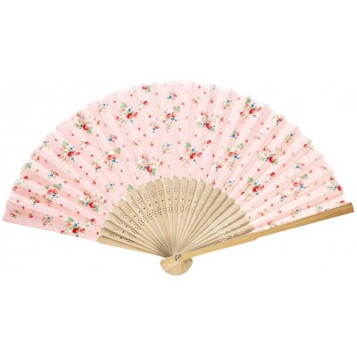Hand Fan Bamboo Pink Flower Printed Folding Fan Cotton for Party Wedding Gift - BP8E7ZX36