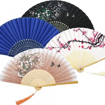 Handheld Floral Folding Fans Cherry Blossom Pattern Hand Held Fans Silk Bamboo Fans with Tassel Women's Hollowed Bamboo Hand Holding Fans for Women and Men 4 Pieces - BDDU9HFCQ