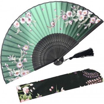 OMyTea Hand Held Silk Folding Fans with Bamboo Frame with a Fabric Sleeve for Protection for Gifts 100% Handmade Oriental Chinese Japanese Vintage Retro Style for Women Ladys Girls Green - BS7WDE81U