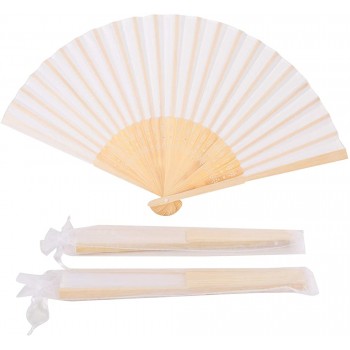 Sepwedd 50pcs White Imitated Silk Fabric Bamboo Folded Hand Fan Bridal Dancing Props Church Wedding Gift Party Favors with Gift Bags - BN8KYTLCZ