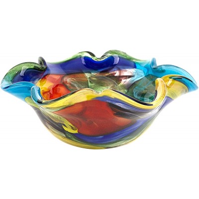 Badash Stormy Rainbow Murano-Style Art Glass Decorative Bowl 8.5" Mouth-Blown Glass Floppy Centerpiece Bowl Home Decor Accent - B4WLYU2YE