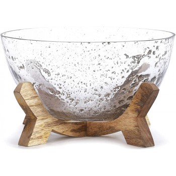 DEMDACO Decorative Clear 11 x 11 Glass Bowl with Natural Brown Wood Pedestal Base - BG6FNXELO