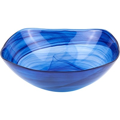 Elegant and Modern Murano Style Art Glass Colorful Centerpiece Squarish Bowl for Home Decor Cobalt Blue Alabaster 10" - BYD4Z46HM