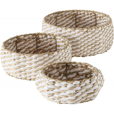 WHW Whole House Worlds 3 Piece Raffia Baskets Low Rise Bowls Set of 3 White and Beige Metal Form Frame Chunky Sweater Weave 12 Inch Diameter - B30B84SDQ