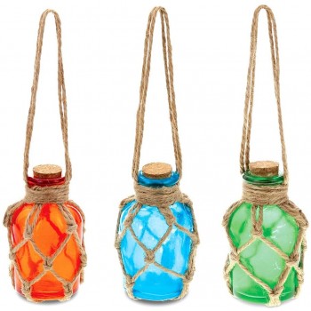 CoTa Global Colored Glass Bottles with Rope 1.8 Inch Inch Decorative Orange Blue Green Hanging Bottle Accents Intricate & Meticulous Detailing Art Nautical Beach Themed Home Décor 3 Pcs Set - B7GIUMOA5