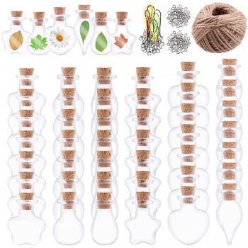 Keadic 119 Pcs 6 Shapes Mini Tiny Clear Glass Jars Bottles Set Includes Wish Bottles Glass Favors Jars with Cork Stoppers Eye Screws 32 Yards Twine for Arts Crafting Projects Decor Party Favors - BTTJXTODX