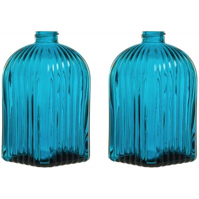 MyGift Art Deco Blue Ribbed Glass Reed Diffuser Bottle Small Decorative Bottles Flower Bud Vase with Textured Pattern Set of 2 - B4RP35SVH