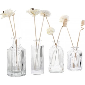 MyGift Clear Glass Reed Diffuser Bottle Vintage Style Small Flower Bud Vase Apothecary Ribbed Decorative Bottles 4 Piece Set - B88KE8R4F