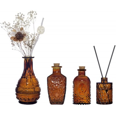 MyGift Vintage Embossed Amber Glass Decorative Reed Diffusers with Cork Lids Small Apothecary Style Flower Bud Vases Set of 4 - B91LXBTHJ