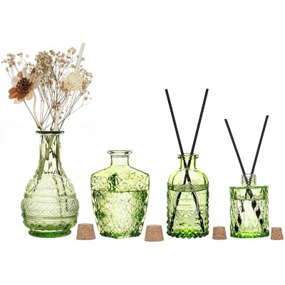 MyGift Vintage Embossed Green Glass Decorative Reed Diffuser Bottles with Cork Lids Small Apothecary Style Flower Bud Vases Set of 4 - B7RVBQXK7