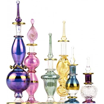 NileCart Egyptian Perfume Bottles 2-5 in Collection Set of 6 Mouth-Blown Decorative Pyrex Glass with Handmade Golden Egyptian Decoration for Perfumes & Essential Oils - BICCYPQO1