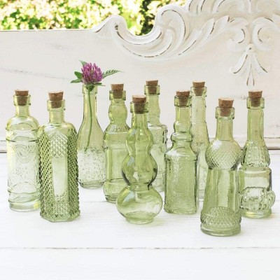 Vintage Glass Bottles with Corks Bud Vases Assorted Shapes 5 Inch Tall Mini Vases Set of 10 Bottles Green - BAMJBOJ5F