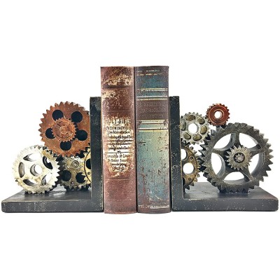 Bellaa 20881 Decorative Bookends Gear Industrial Art Decor Statues Book Shelves Stoppers Holder Nonskid Shelf Heavy Ends Supports Vintage Style 6 inch - B6X67677I