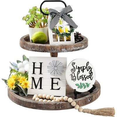LIBWYS 4 Pcs Farmhouse Decors for Tiered Tray Farmhouse Home Decor Tiered Tray Decor Items Mini Signs Simply Blessed Home Windmill Wooden Beads Garland Rustic Kitchen Decor - BLY1A8A1V