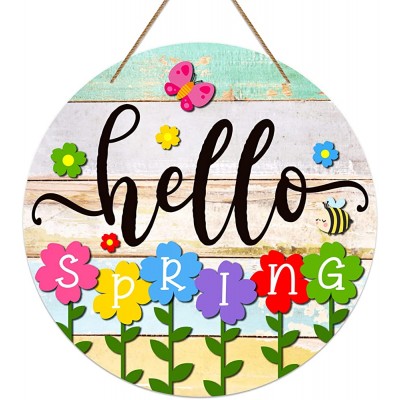 PETCEE Hello Spring Door Sign,11.8" Colorful Flowers Spring Decoration Wreath Farmhouse Welcome Spring Hanging Sign for Home Front Door Wall Porch Indoor Outdoor Decor - B3S9HTZ62