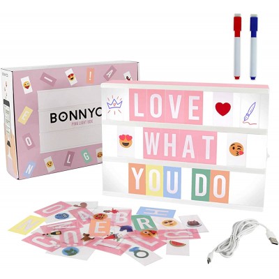 Pink Cinema Light Box with 400 Letters & Emojis & 2 Markers BONNYCO | Led Light Box Home Office & Room Decor | Light Up Sign Letters Board Gifts for Women & Girls Christmas & Birthdays | Pink Decor - BVL4PM03D