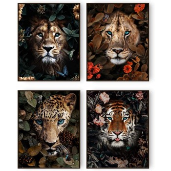 Jungle Safari Animal Wall Art Prints Poster Lion Tiger Leopard Animal Wall Decor Set of 4 Animal Wall Pictures for Living Room Home Decor 8"x10" Unframed - BCRDB0HML