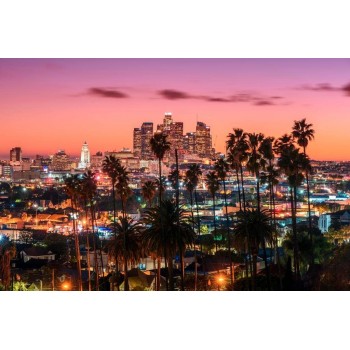 Los Angeles California Skyline at Sunset Palm Trees LAX SoCal City Orange Sky Photo Beach Landscape Pictures Ocean Scenic Scenery Tropical Nature Paradise Cool Wall Decor Art Print Poster 36x24 - B6Z9OL4MZ