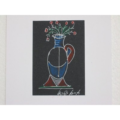 Original miniature pen drawing A Bottle with roses white on black - B5H0PJTAX