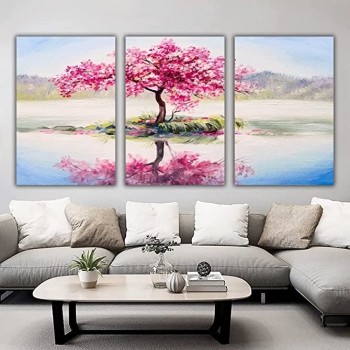 Cherry Blossom Sakura Tree on The Lake Oil Painting Landscape Nature Canvas Pink Tree Tree Art 3 Piece Tree Wall Art 3 pcs 16"x24" 40x60 cm - BTQSP0KEX