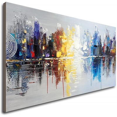 Hand Painted Cityscape Modern Oil Painting on Canvas Reflection Abstract Wall Art Decor 48 x 24 inch - BCP0TXN2K