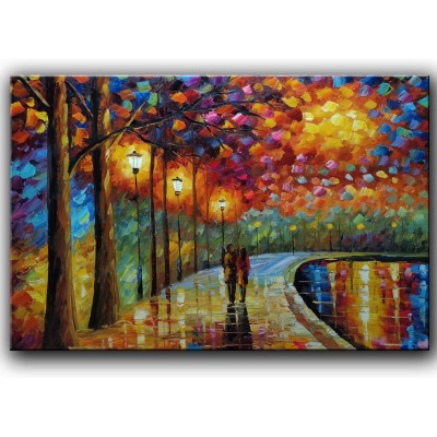 Shuaidi Art 24x36 Inch Abstract Landscape Artwork Lovers By riverThe Night Rainy Street Paintings Canvas Wall Art Artwork Home Decorations Wall Décor Stretched Frame Ready to Hang - BKFZEZ9BU