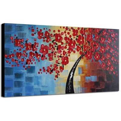 Wieco Art Abstract Floral Oil Paintings on Canvas Wall Art for Bedroom Bathroom Home Decorations Dazzling Beauty 3D Thick Layer Modern Large 100% Hand Painted Wrapped Pretty Red Flowers Artwork L - B9QD4DD8A