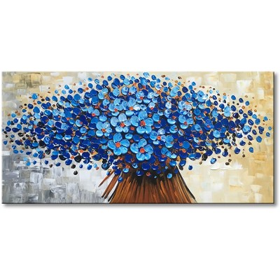 Winpeak Art Hand Painted Abstract Canvas Wall Art Modern Textured Blue Flower Oil Painting Contemporary Artwork Floral Hanging Home Decoration Stretched and Framed Ready to Hang 48" W x 24" H Blue - B9URF4Y1T